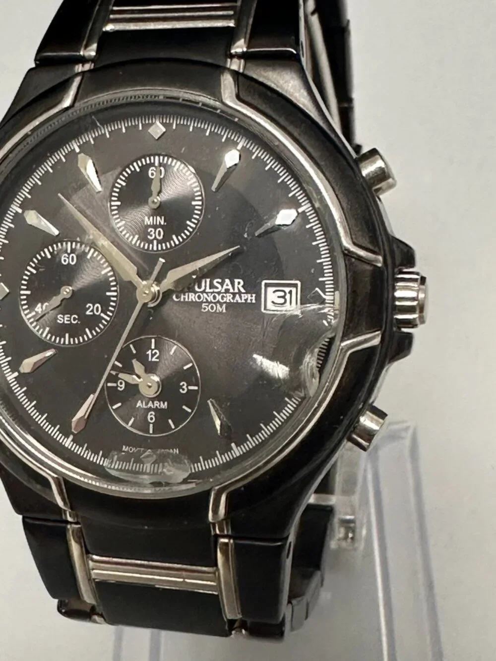 Pulsar Chronograph Mens Watch 38mm Damaged Crystal YM62-X144 New Battery 7.25
